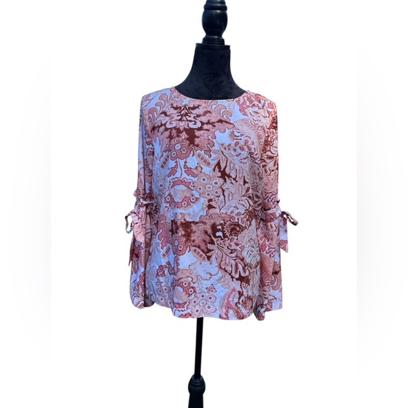 LC Lauren Conrad Pink Paisley Bell Sleeve Tie Blouse Medium cottagecore boho - Picture 2 of 7